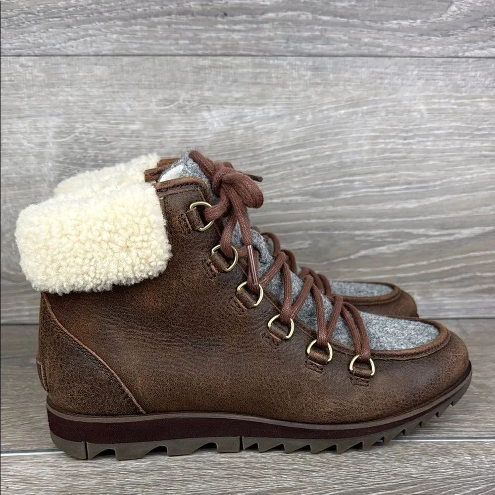 Sorel Harlow Lace Cozy Brown Waterproof Gray Felt Women’s Sz 7 Lace Up Boots